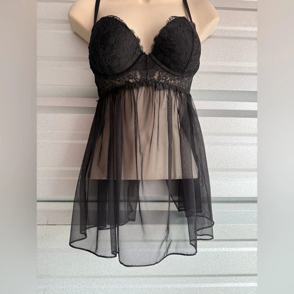 Women’s Victoria’s Secret Sexy Black Lace Lingerie Babydoll Sheer Top Size 34C - Picture 5 of 8